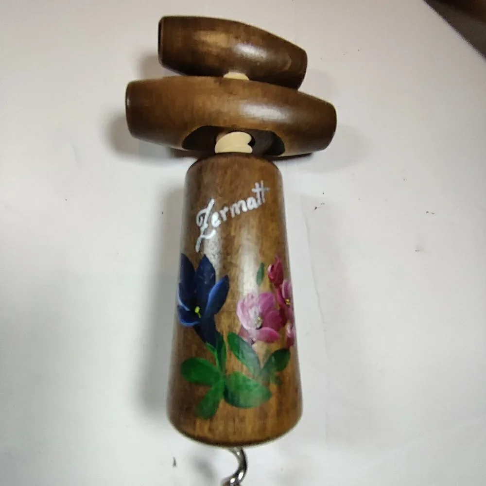 Wine Opener from Switzerland , city of Zermatt with Hand Painted Flowers on wood